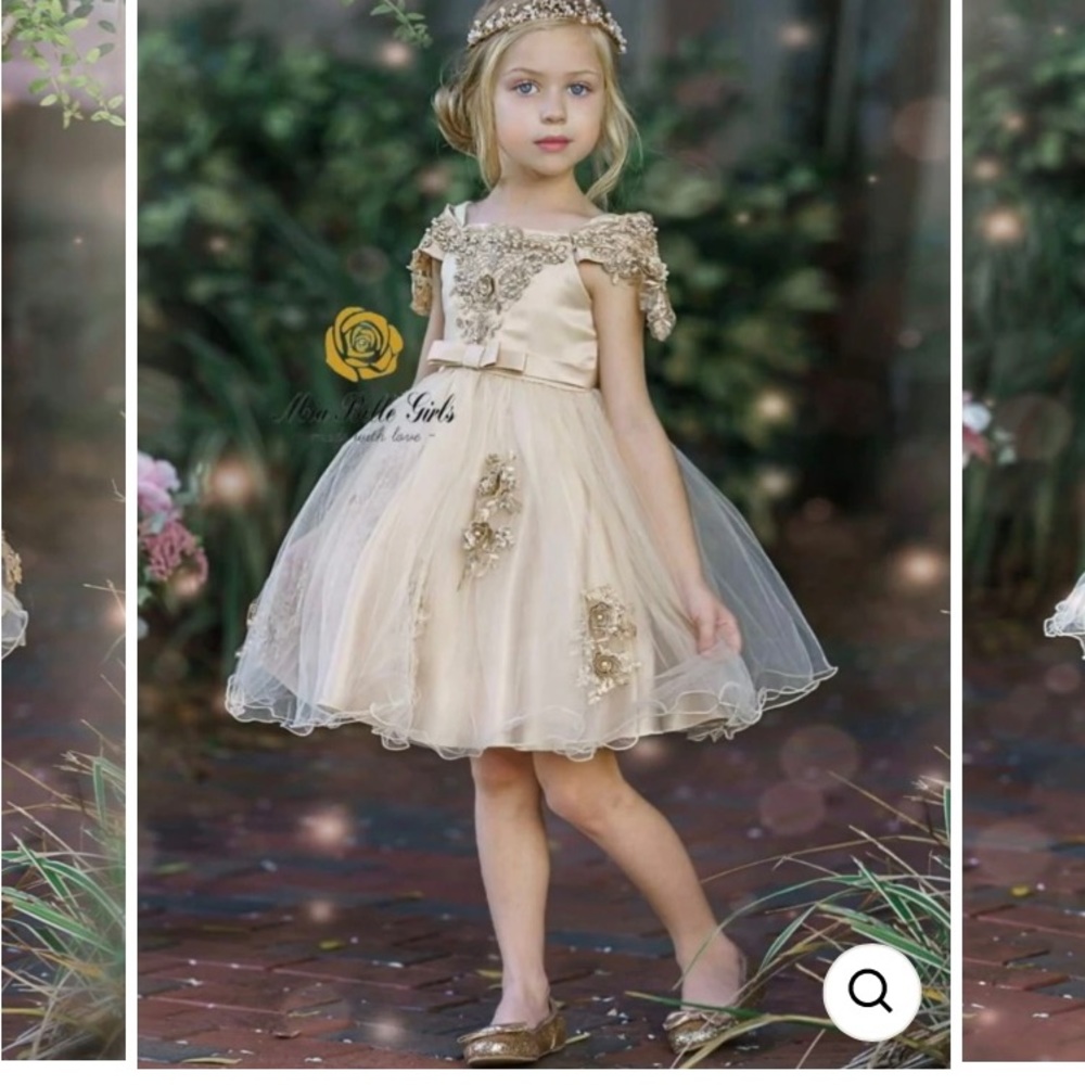 Mia Belle Girls Champagne Off Shoulder Lace Applique Dress